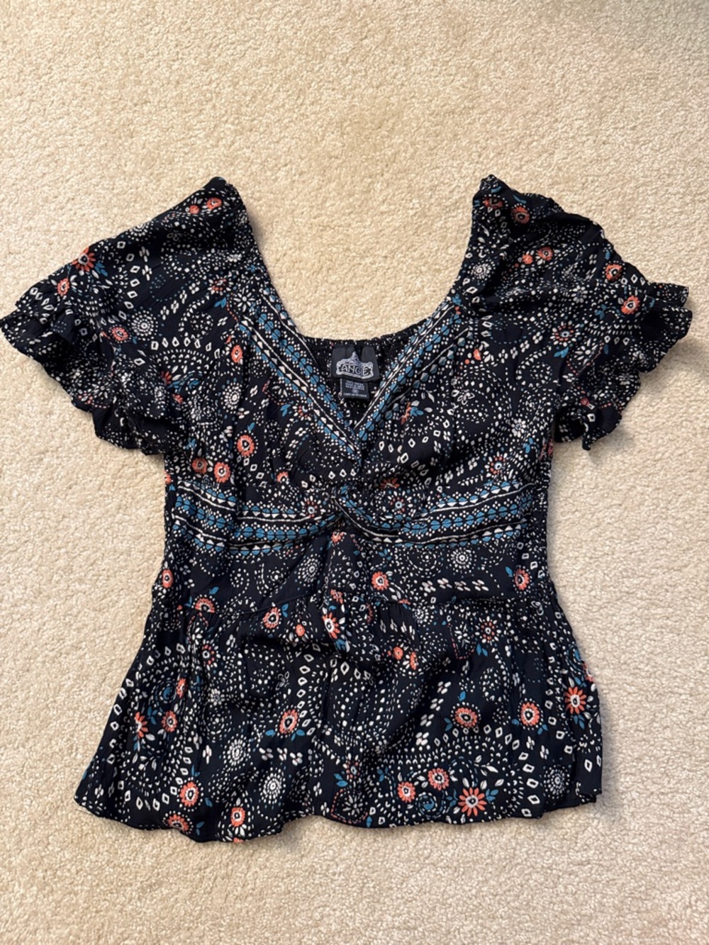 Dry Goods Black Floral Print V-Neck Peplum Blouse